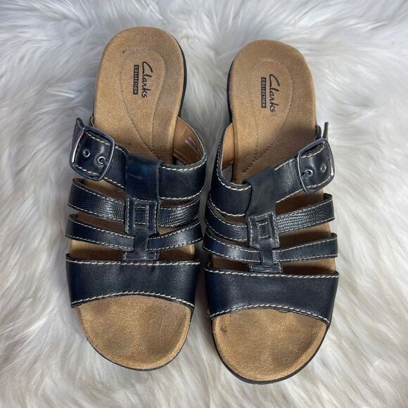 Clarks Collection Black Textured Leather Four Strap Slide Mules Sz 8 - Picture 1 of 4